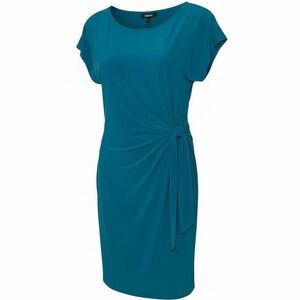 DKNY Womens MIDI Dress NWT Teal Blue Gathered Side Tie Short Sleeve Stretch Chic